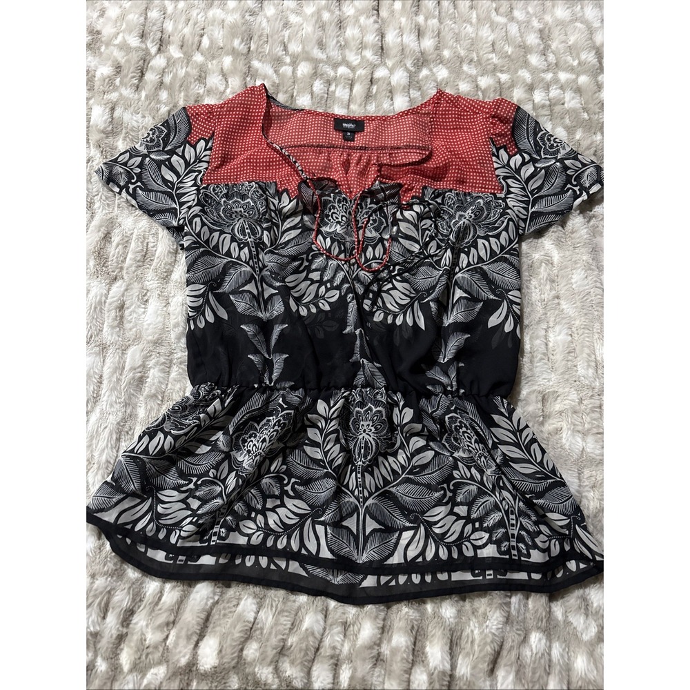 Mossimo Womens Small Sheer Floral Peplum Blouse Black Boho Top Short Sleeve